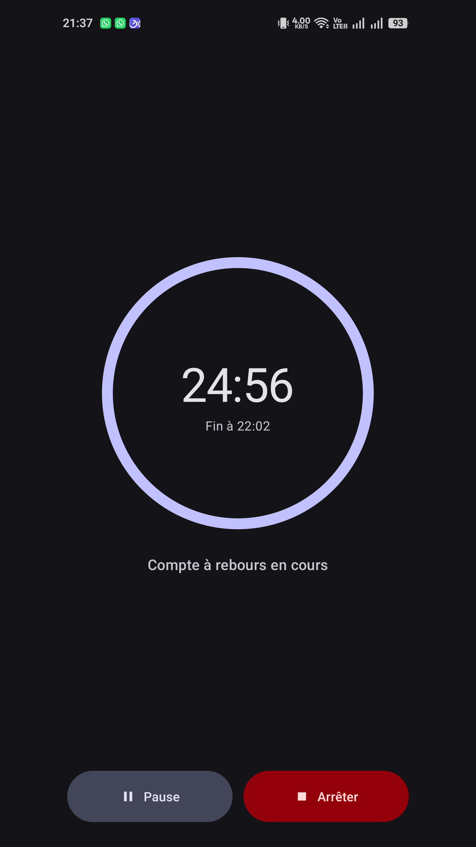 Compte à rebours vocal en cours avec 24 minutes et 56 secondes restantes