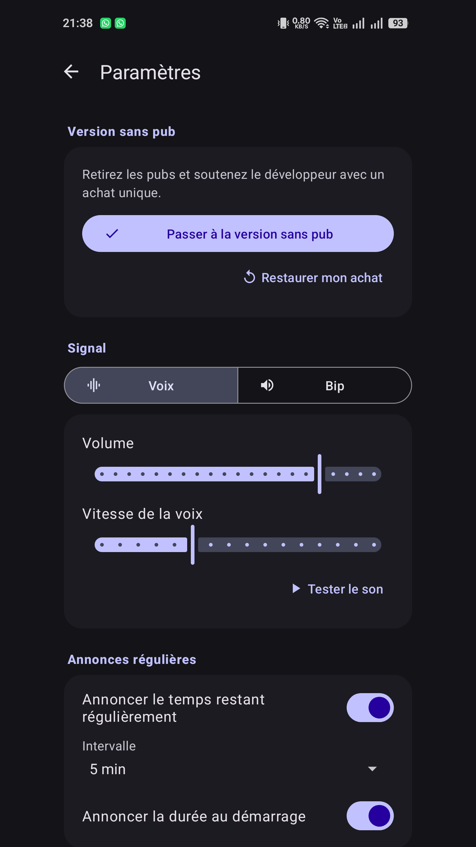 Réglages de la voix, du volume et des annonces régulières